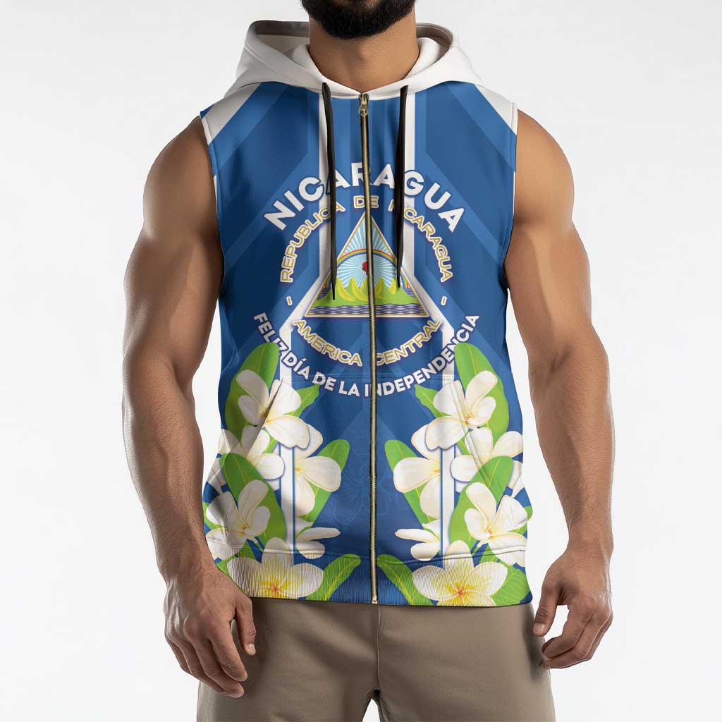 Nicaragua Independence Day 1821 Sleeveless Zip Hoodie Coat Of Arms With Plumeria - Wonder Print Shop