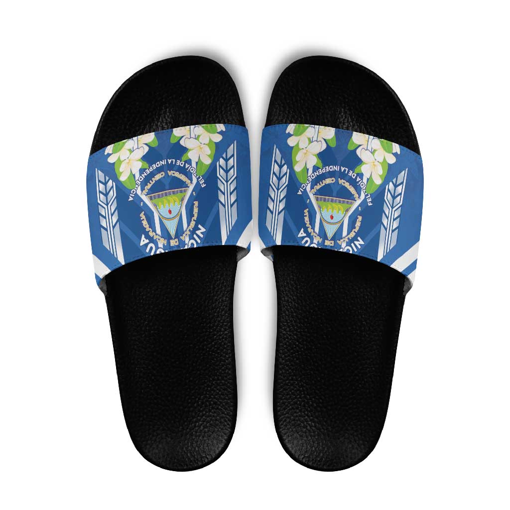 Nicaragua Independence Day 1821 Slide Sandals Coat Of Arms With Plumeria - Wonder Print Shop