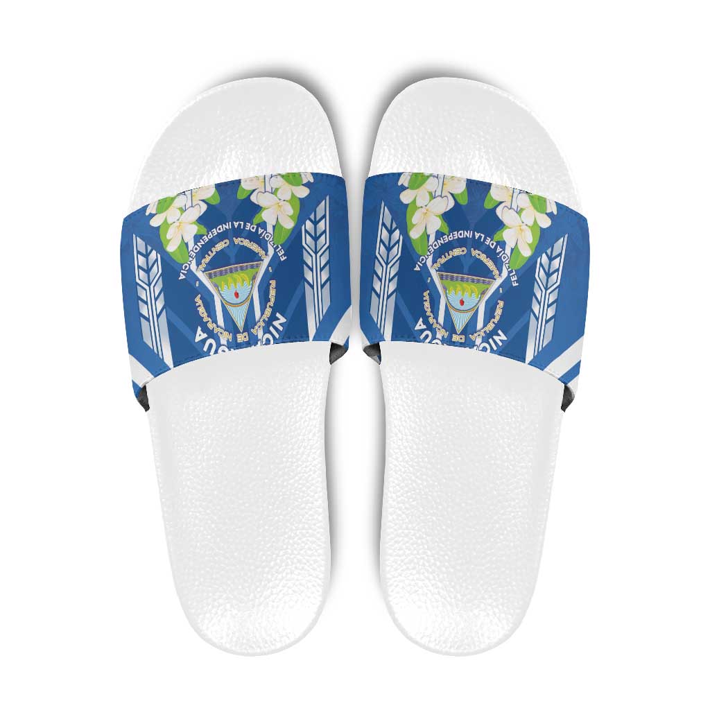 Nicaragua Independence Day 1821 Slide Sandals Coat Of Arms With Plumeria - Wonder Print Shop