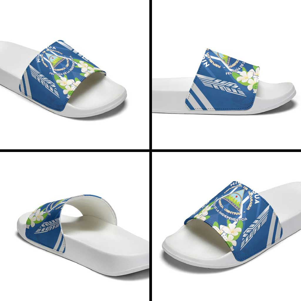 Nicaragua Independence Day 1821 Slide Sandals Coat Of Arms With Plumeria - Wonder Print Shop
