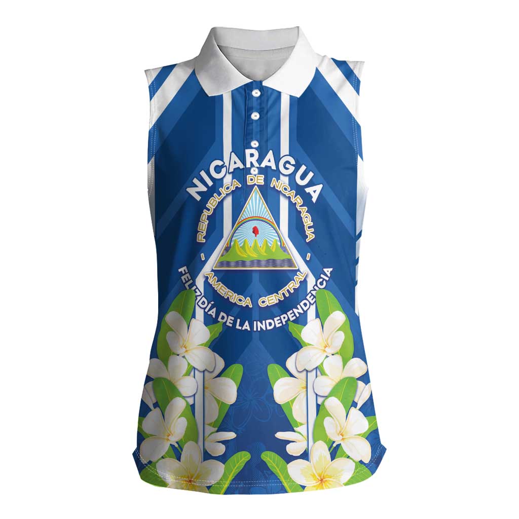 Nicaragua Independence Day 1821 Women Sleeveless Polo Shirt Coat Of Arms With Plumeria - Wonder Print Shop