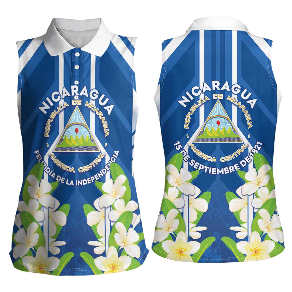 Nicaragua Independence Day 1821 Women Sleeveless Polo Shirt Coat Of Arms With Plumeria - Wonder Print Shop