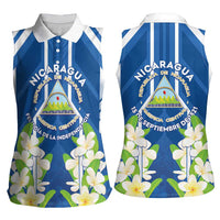 Nicaragua Independence Day 1821 Women Sleeveless Polo Shirt Coat Of Arms With Plumeria - Wonder Print Shop
