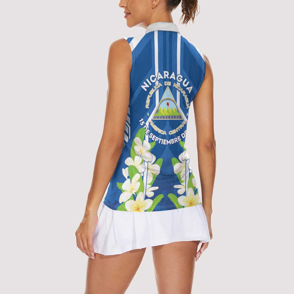 Nicaragua Independence Day 1821 Women Sleeveless Polo Shirt Coat Of Arms With Plumeria - Wonder Print Shop