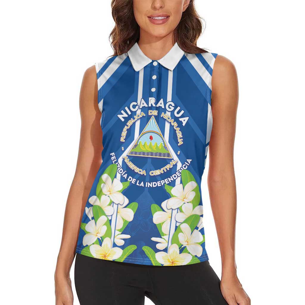 Nicaragua Independence Day 1821 Women Sleeveless Polo Shirt Coat Of Arms With Plumeria - Wonder Print Shop