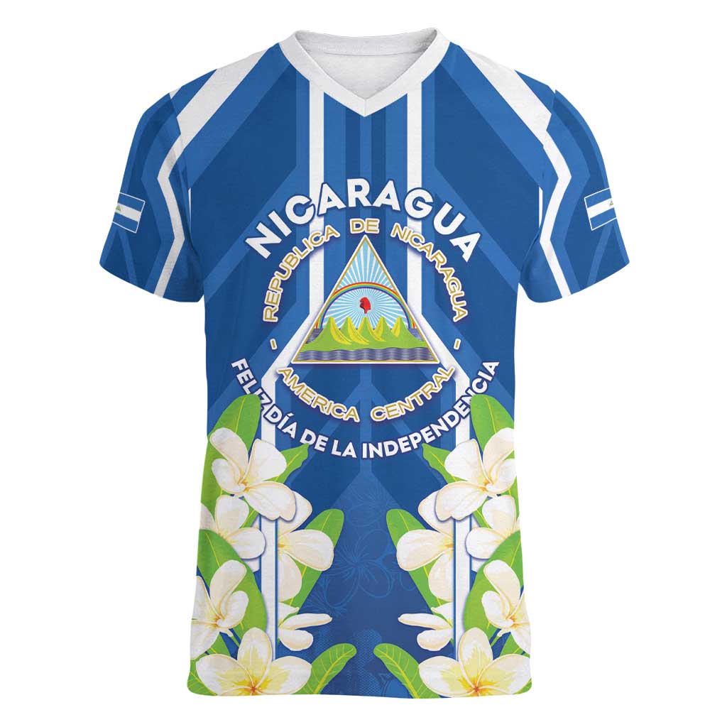 Nicaragua Independence Day 1821 Women V-Neck T-Shirt Coat Of Arms With Plumeria - Wonder Print Shop