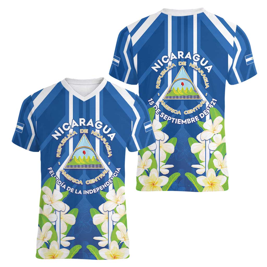 Nicaragua Independence Day 1821 Women V-Neck T-Shirt Coat Of Arms With Plumeria - Wonder Print Shop
