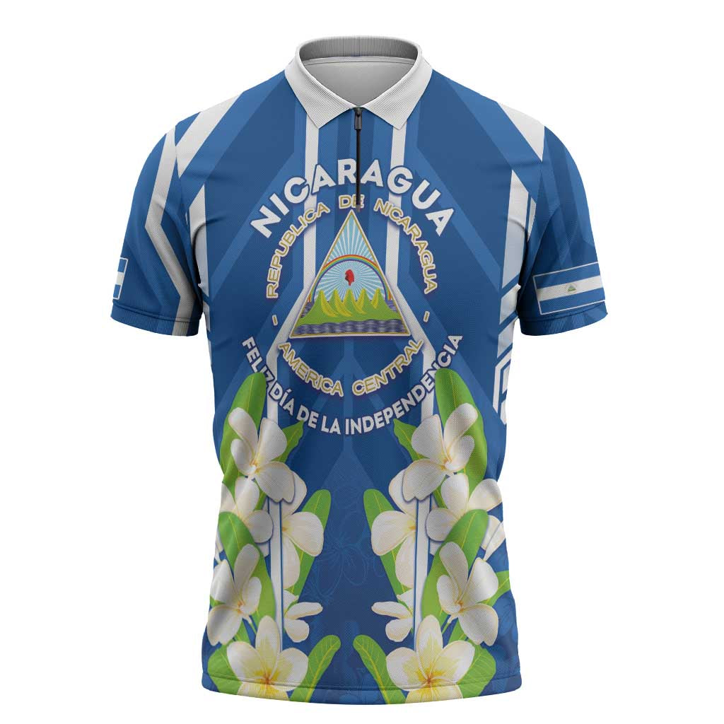 Nicaragua Independence Day 1821 Zipper Polo Shirt Coat Of Arms With Plumeria - Wonder Print Shop