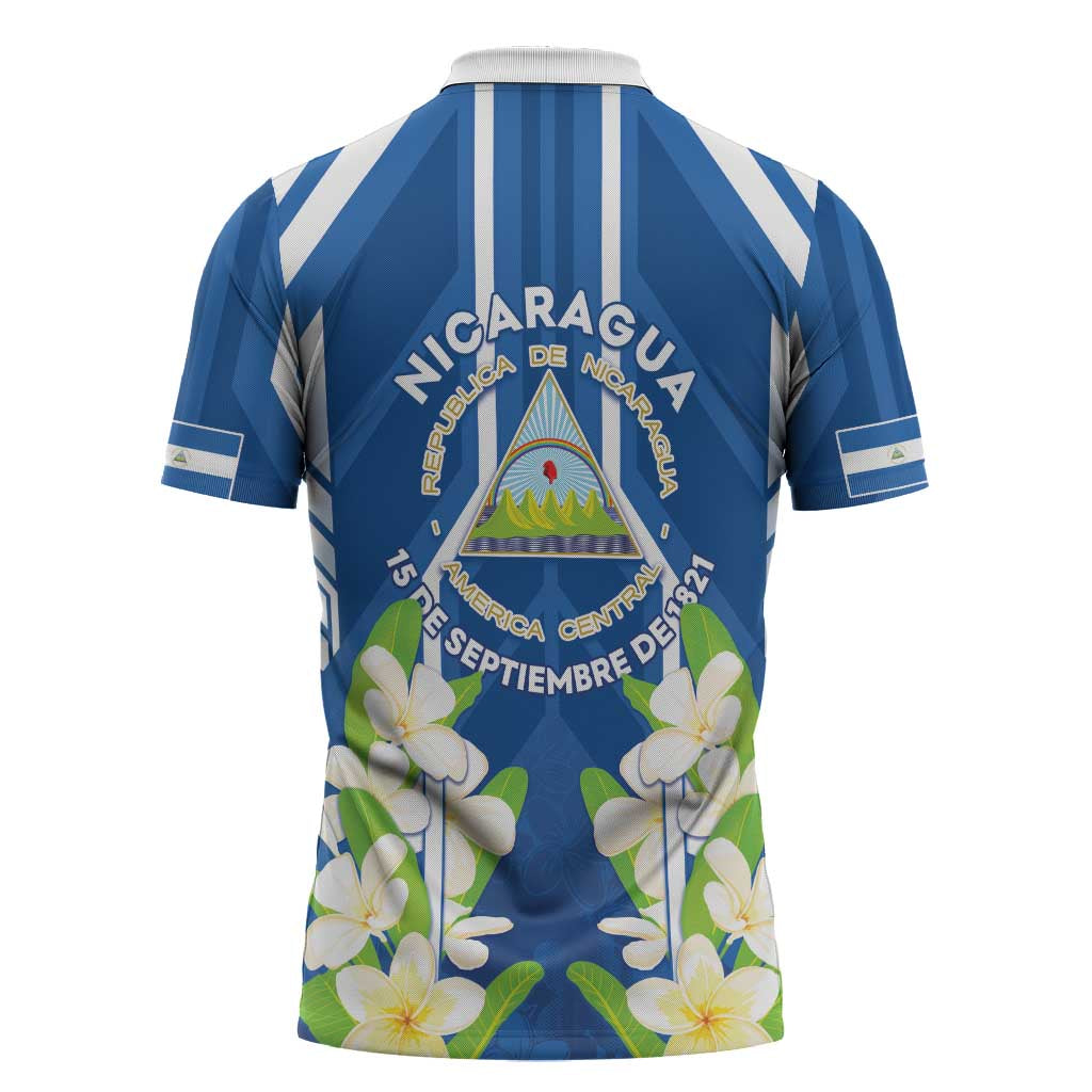 Nicaragua Independence Day 1821 Zipper Polo Shirt Coat Of Arms With Plumeria - Wonder Print Shop