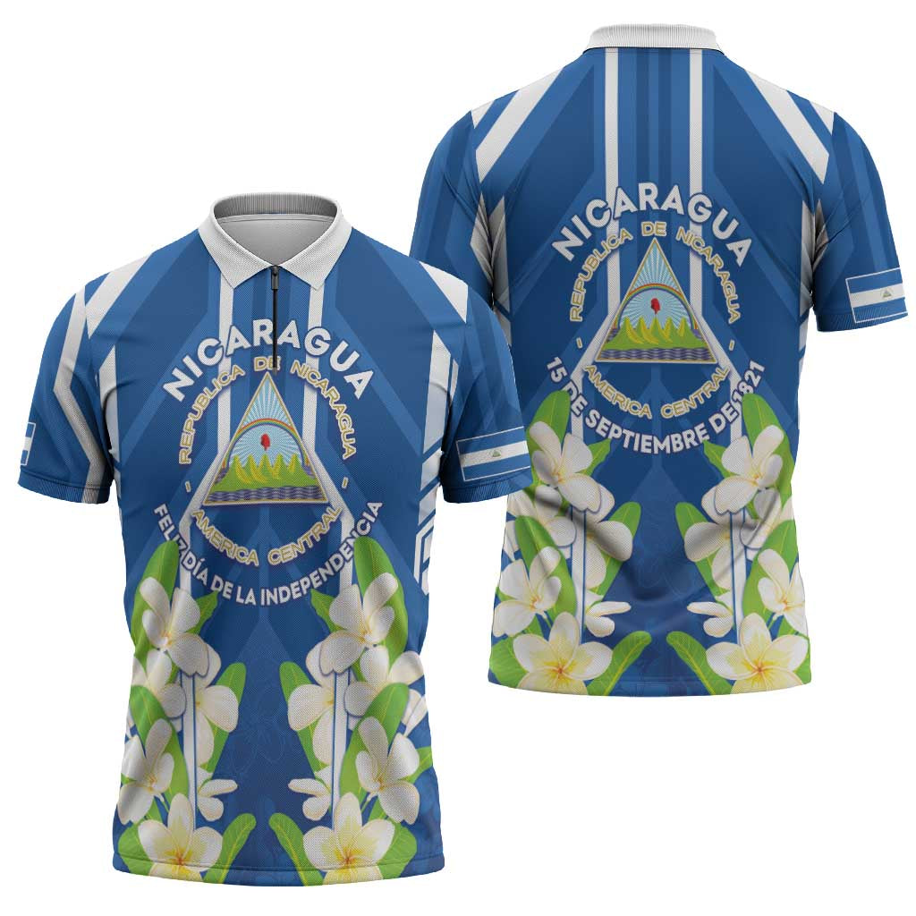 Nicaragua Independence Day 1821 Zipper Polo Shirt Coat Of Arms With Plumeria - Wonder Print Shop