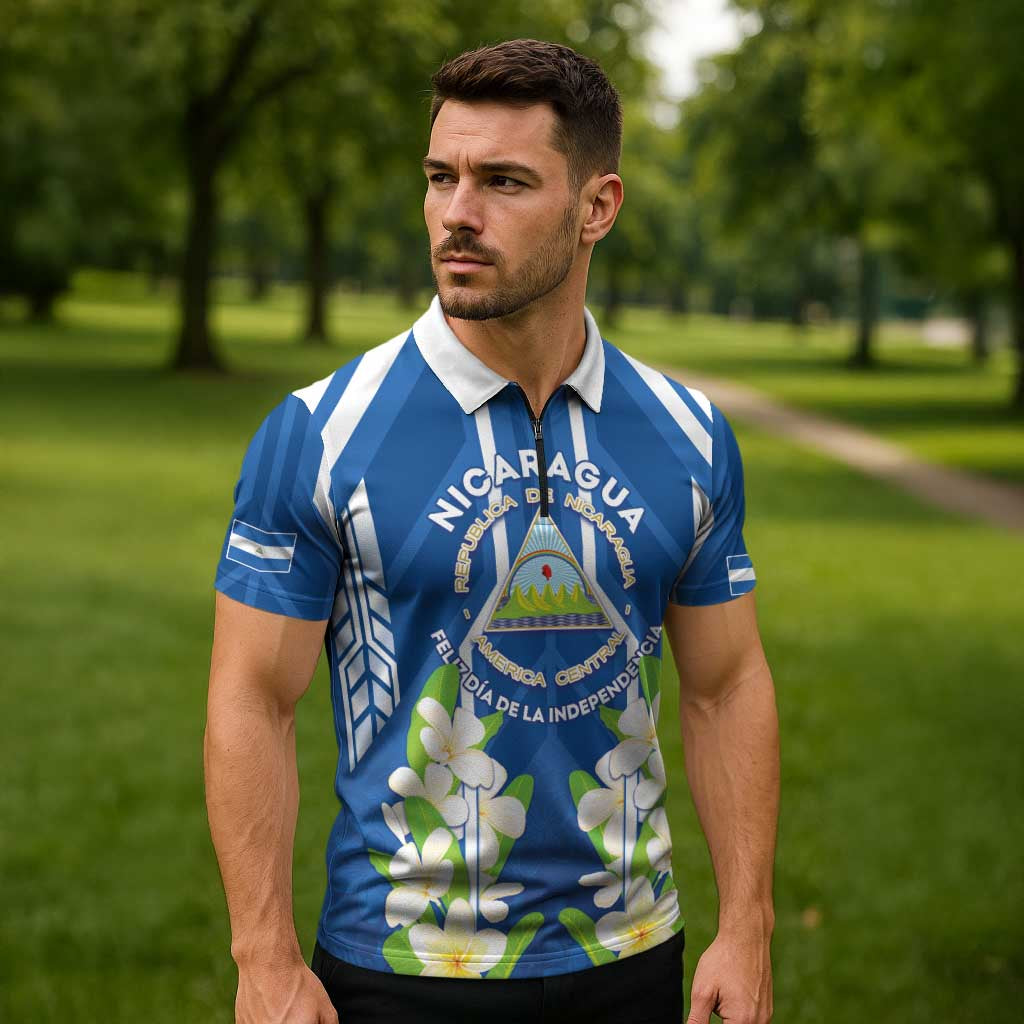 Nicaragua Independence Day 1821 Zipper Polo Shirt Coat Of Arms With Plumeria - Wonder Print Shop