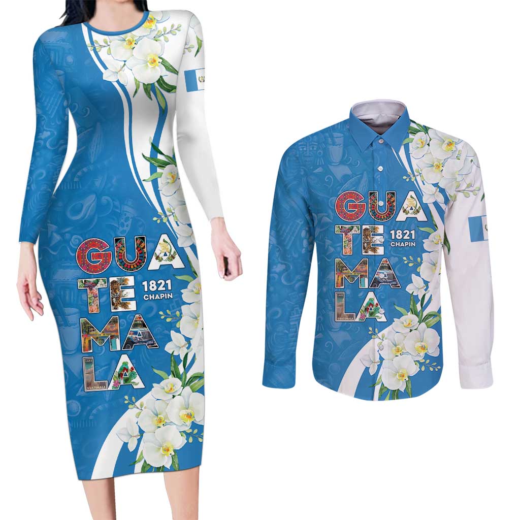 Guatemala 1821 Chapin Couples Matching Long Sleeve Bodycon Dress and Long Sleeve Button Shirt Happy Independence Day - Wonder Print Shop