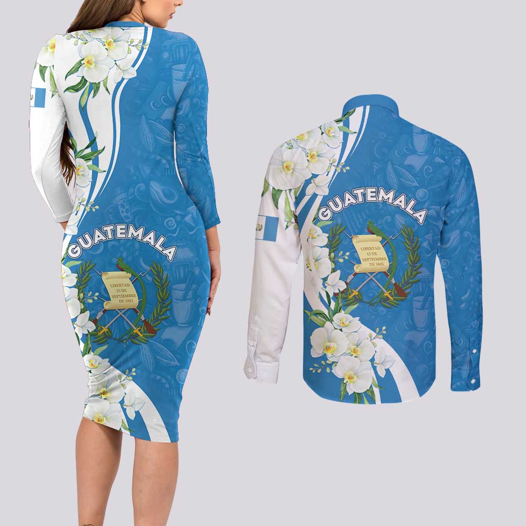 Guatemala 1821 Chapin Couples Matching Long Sleeve Bodycon Dress and Long Sleeve Button Shirt Happy Independence Day - Wonder Print Shop