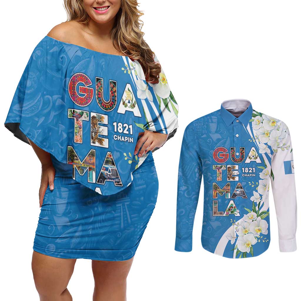 Guatemala 1821 Chapin Couples Matching Off Shoulder Short Dress and Long Sleeve Button Shirt Happy Independence Day - Wonder Print Shop