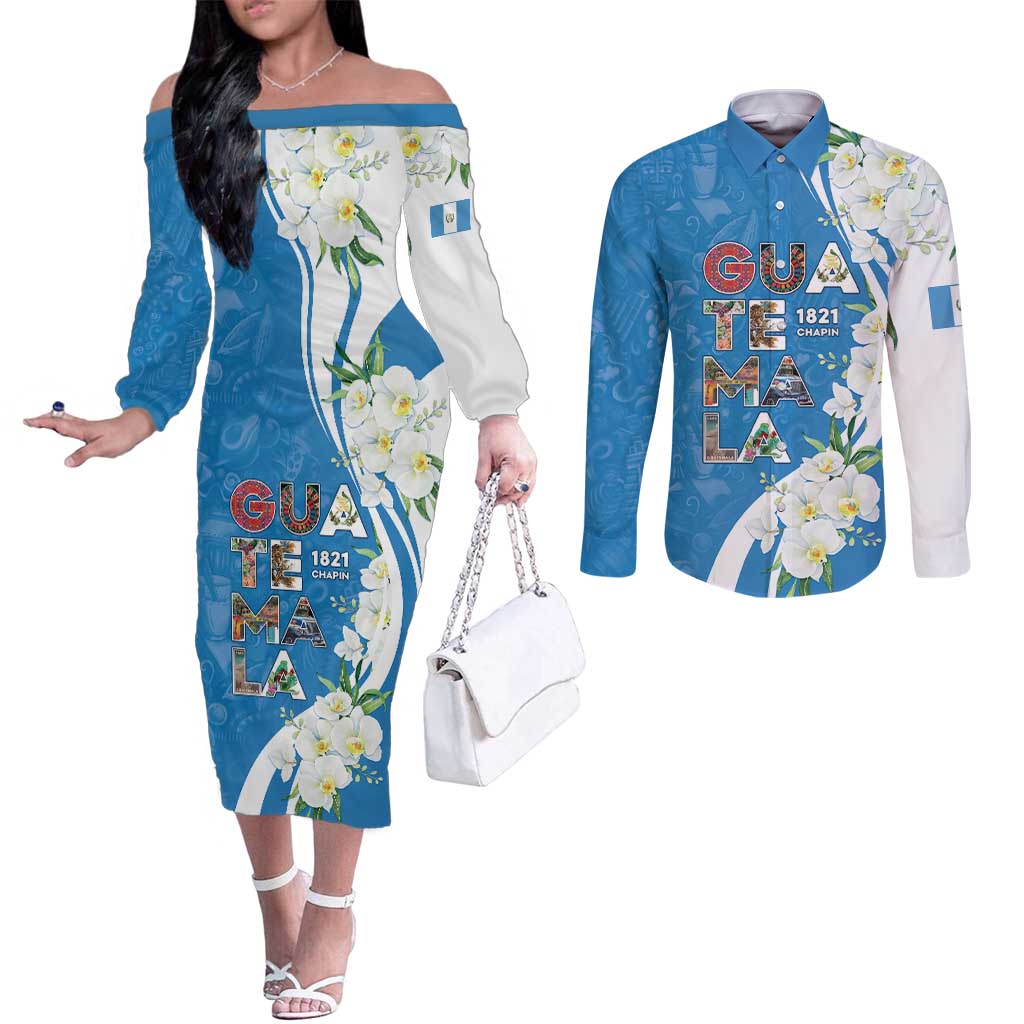 Guatemala 1821 Chapin Couples Matching Off The Shoulder Long Sleeve Dress and Long Sleeve Button Shirt Happy Independence Day - Wonder Print Shop