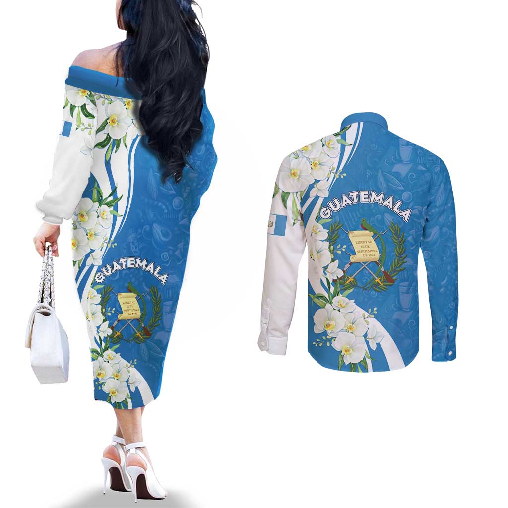 Guatemala 1821 Chapin Couples Matching Off The Shoulder Long Sleeve Dress and Long Sleeve Button Shirt Happy Independence Day - Wonder Print Shop