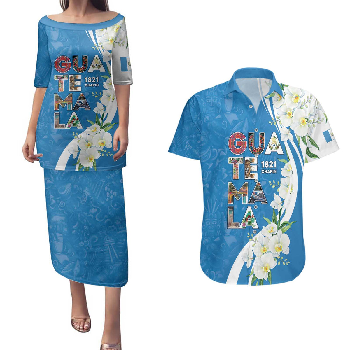 Guatemala 1821 Chapin Couples Matching Puletasi and Hawaiian Shirt Happy Independence Day - Wonder Print Shop