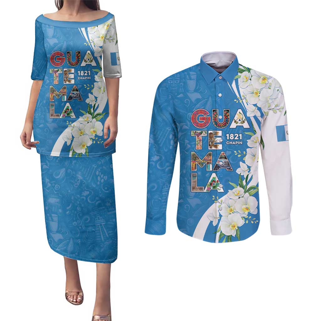 Guatemala 1821 Chapin Couples Matching Puletasi and Long Sleeve Button Shirt Happy Independence Day - Wonder Print Shop