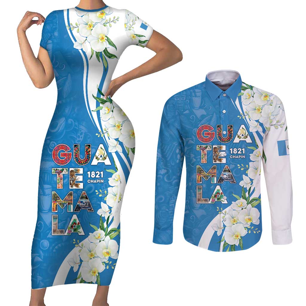 Guatemala 1821 Chapin Couples Matching Short Sleeve Bodycon Dress and Long Sleeve Button Shirt Happy Independence Day - Wonder Print Shop