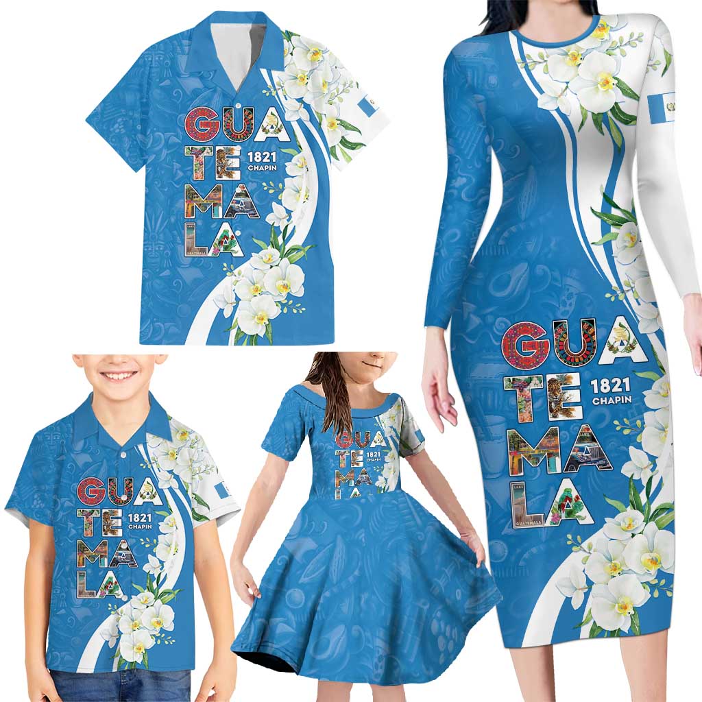 Guatemala 1821 Chapin Family Matching Long Sleeve Bodycon Dress and Hawaiian Shirt Happy Independence Day - Wonder Print Shop