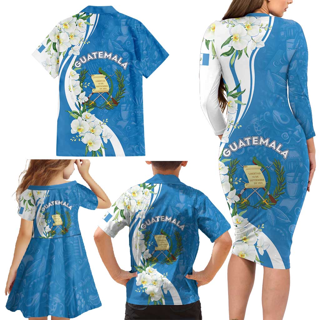 Guatemala 1821 Chapin Family Matching Long Sleeve Bodycon Dress and Hawaiian Shirt Happy Independence Day - Wonder Print Shop
