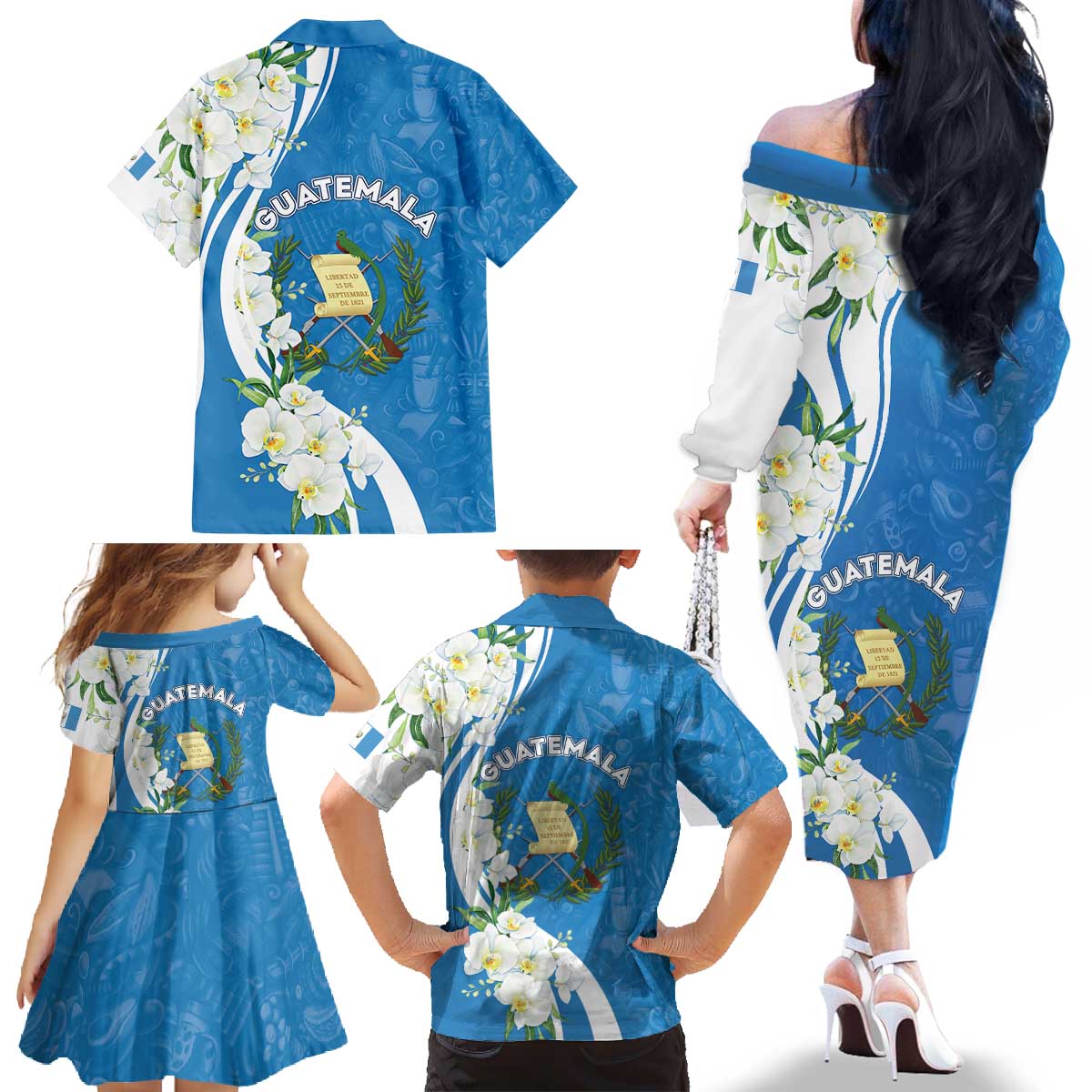 Guatemala 1821 Chapin Family Matching Off The Shoulder Long Sleeve Dress and Hawaiian Shirt Happy Independence Day - Wonder Print Shop