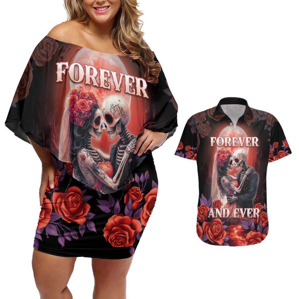 Personalised Day of Dead Couple Sugar Skull Couples Matching Off Shoulder Short Dress and Hawaiian Shirt Forever and Ever! LT05 - Wonder Print Shop