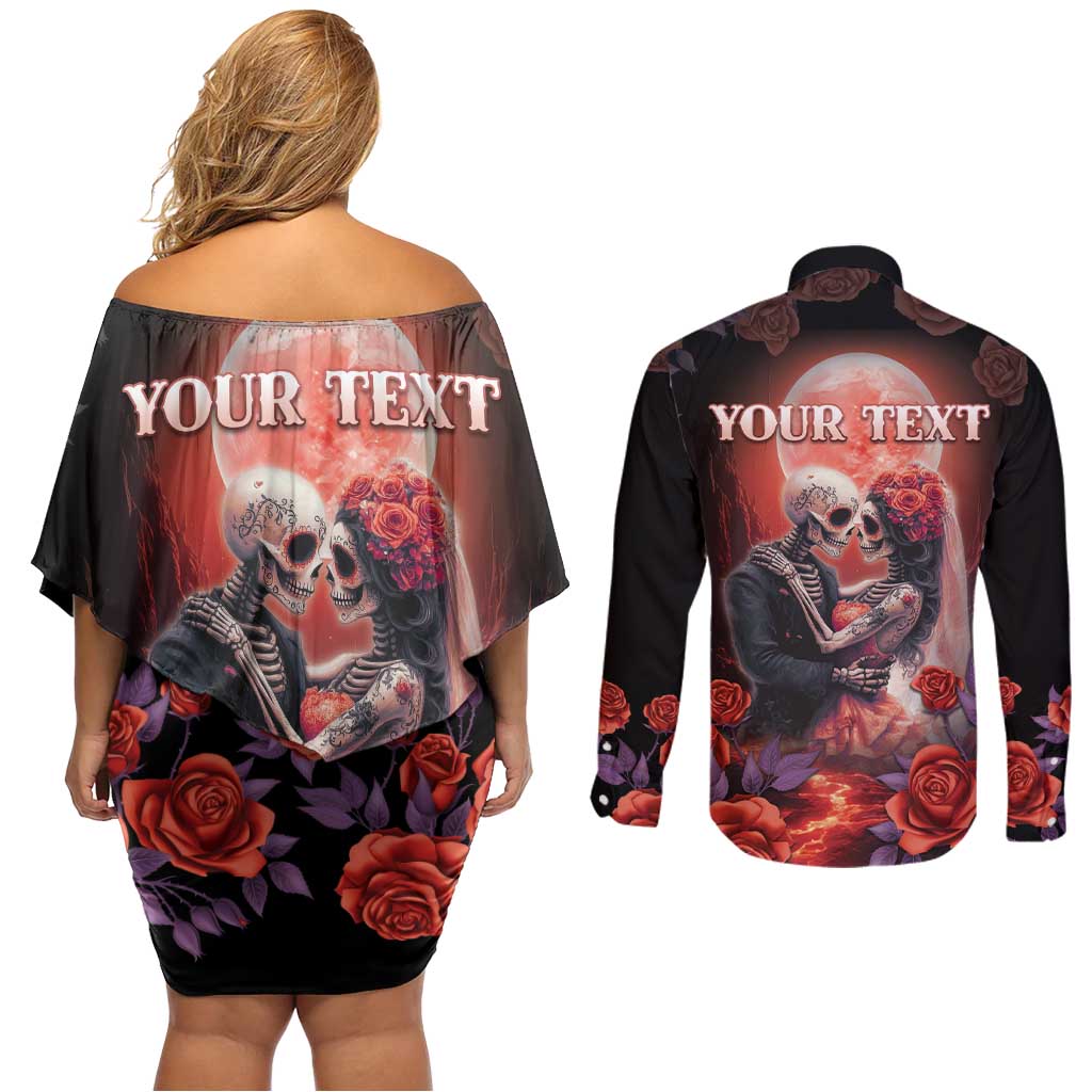 Personalised Day of Dead Couple Sugar Skull Couples Matching Off Shoulder Short Dress and Long Sleeve Button Shirt Forever and Ever! LT05 - Wonder Print Shop