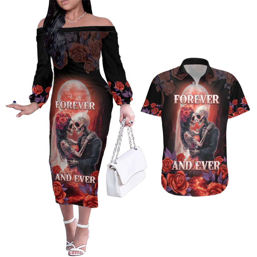 Personalised Day of Dead Couple Sugar Skull Couples Matching Off The Shoulder Long Sleeve Dress and Hawaiian Shirt Forever and Ever! LT05 - Wonder Print Shop