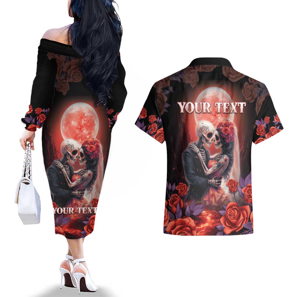 Personalised Day of Dead Couple Sugar Skull Couples Matching Off The Shoulder Long Sleeve Dress and Hawaiian Shirt Forever and Ever! LT05 - Wonder Print Shop