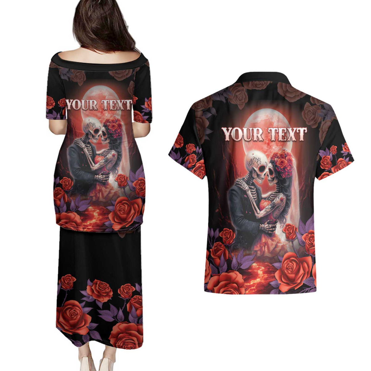 Personalised Day of Dead Couple Sugar Skull Couples Matching Puletasi and Hawaiian Shirt Forever and Ever! LT05 - Wonder Print Shop