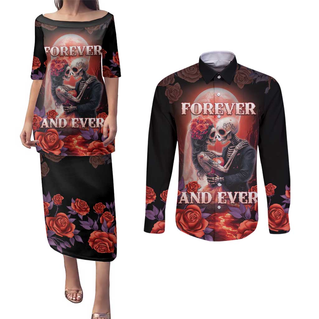 Personalised Day of Dead Couple Sugar Skull Couples Matching Puletasi and Long Sleeve Button Shirt Forever and Ever! LT05 - Wonder Print Shop