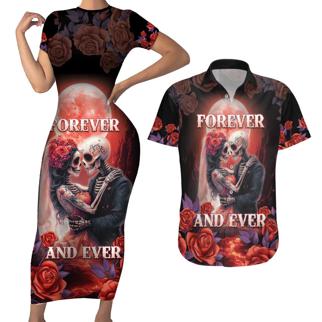 Personalised Day of Dead Couple Sugar Skull Couples Matching Short Sleeve Bodycon Dress and Hawaiian Shirt Forever and Ever! LT05 - Wonder Print Shop