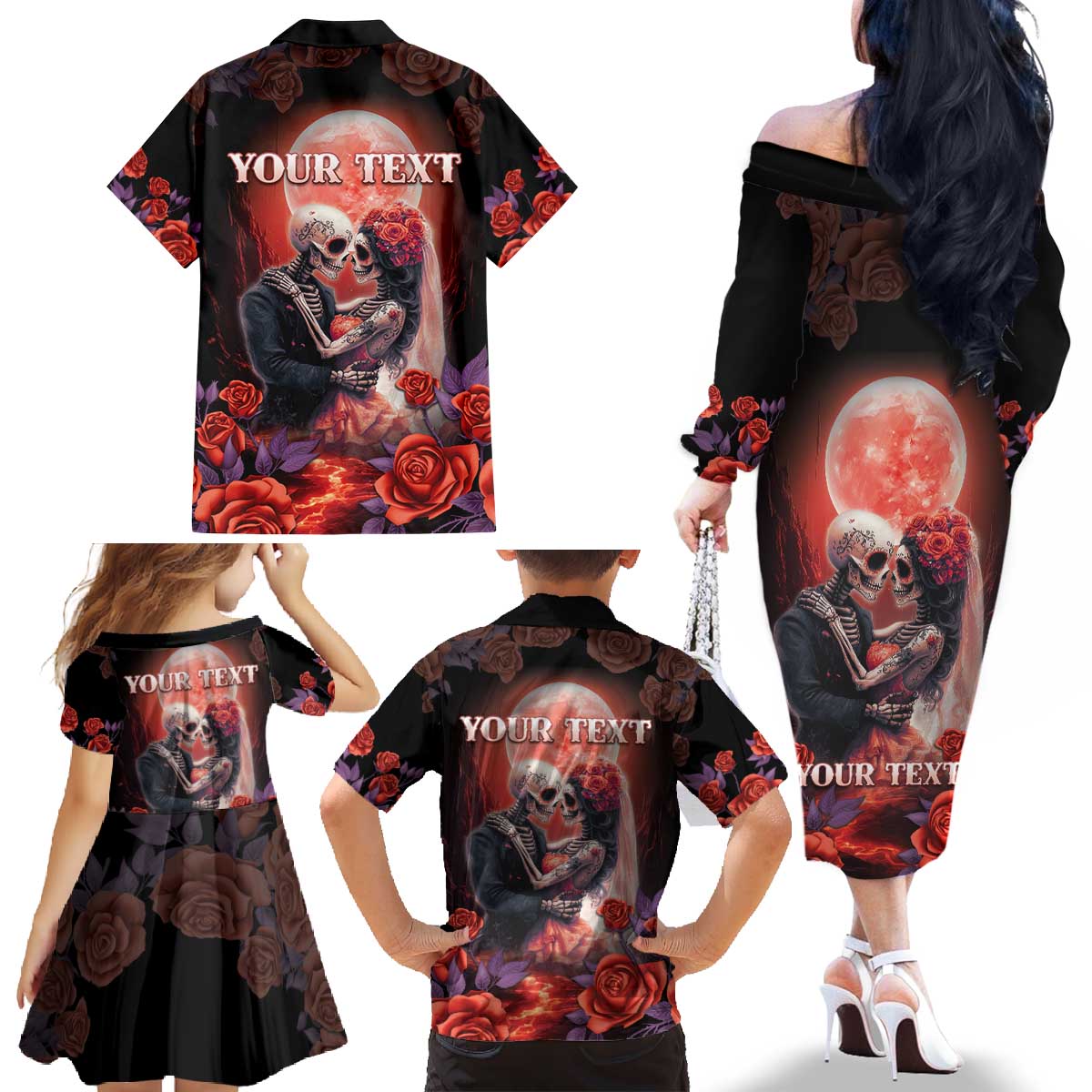 Personalised Day of Dead Couple Sugar Skull Family Matching Off The Shoulder Long Sleeve Dress and Hawaiian Shirt Forever and Ever! LT05 - Wonder Print Shop
