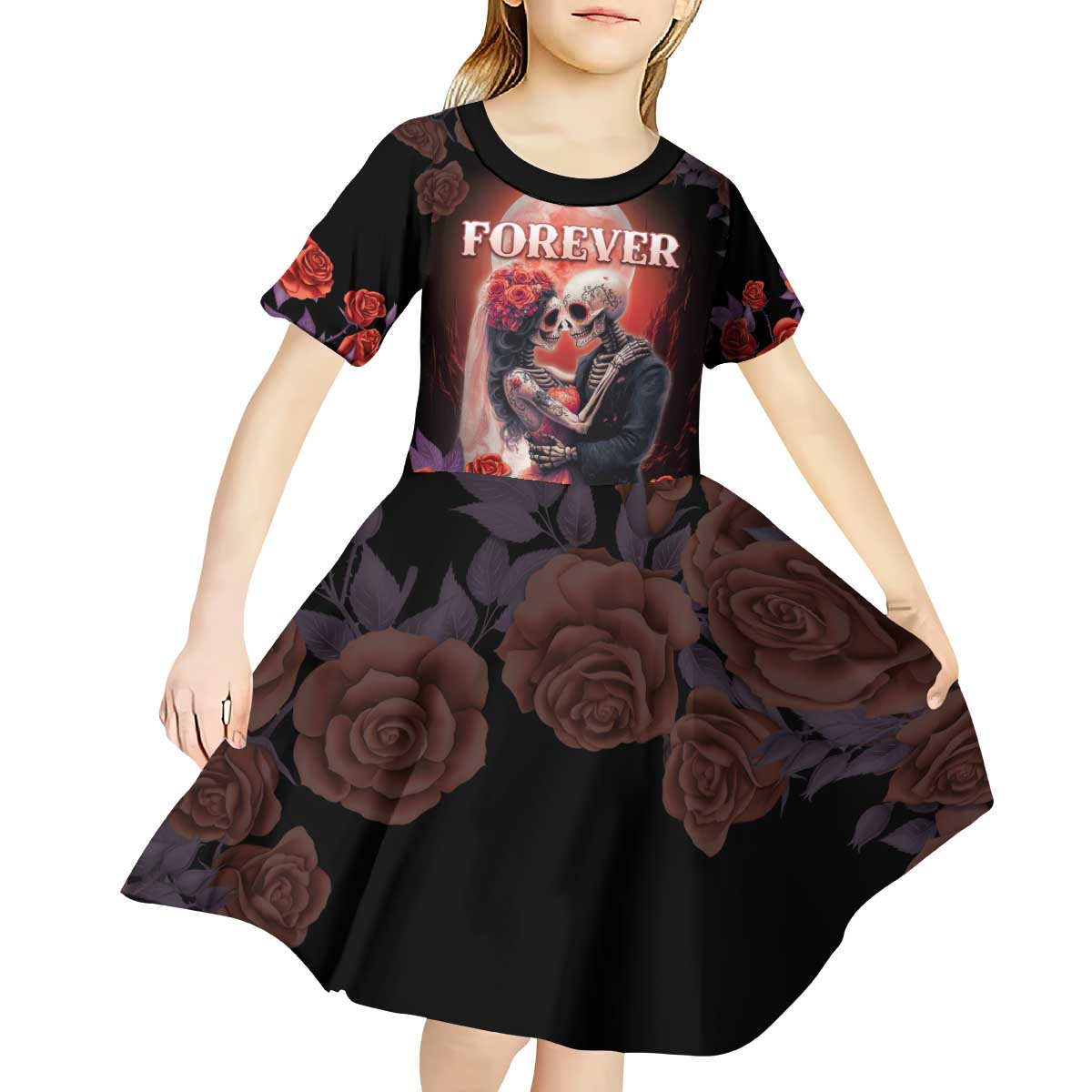 Personalised Day of Dead Couple Sugar Skull Kid Short Sleeve Dress Forever and Ever! LT05 - Wonder Print Shop