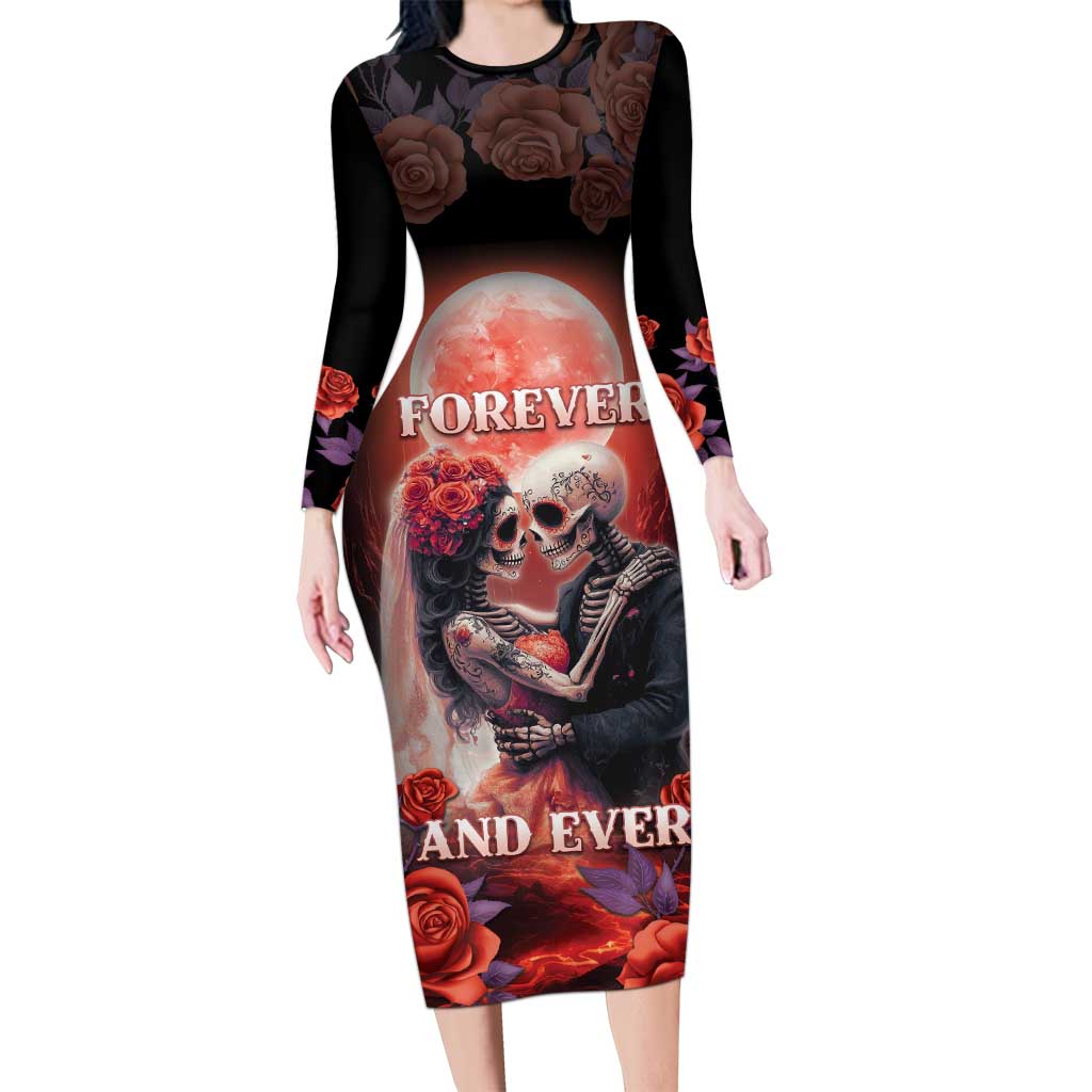 Personalised Day of Dead Couple Sugar Skull Long Sleeve Bodycon Dress Forever and Ever! LT05 - Wonder Print Shop