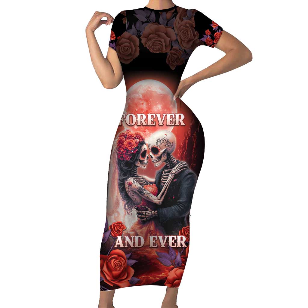 Personalised Day of Dead Couple Sugar Skull Short Sleeve Bodycon Dress Forever and Ever! LT05 - Wonder Print Shop