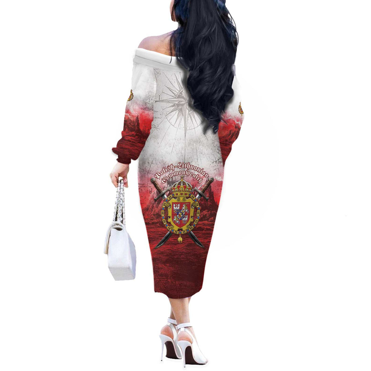 Polish-Lithuanian Commonwealth Off The Shoulder Long Sleeve Dress Medieval Royal Coat Of Arms Heritage