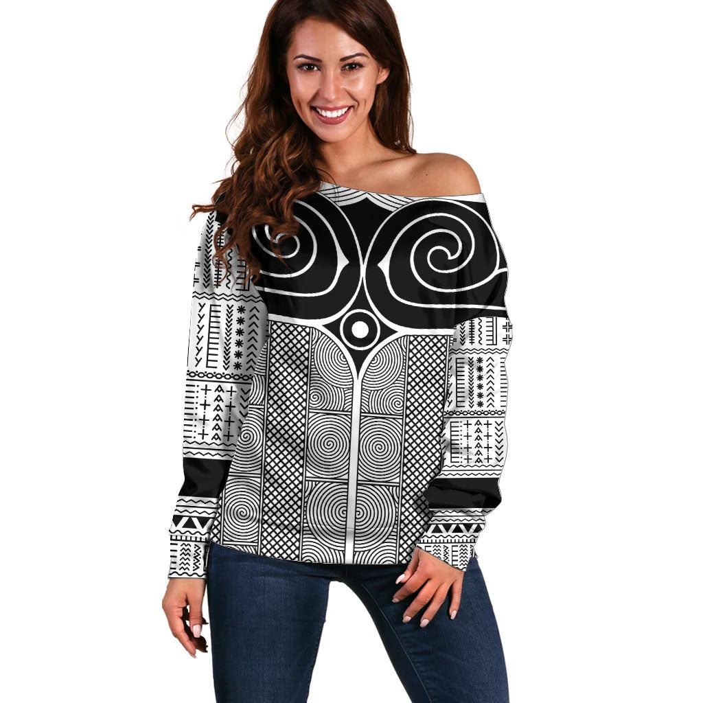 Japan Off Shoulder Sweater Jomon Tattoo Inspiration White