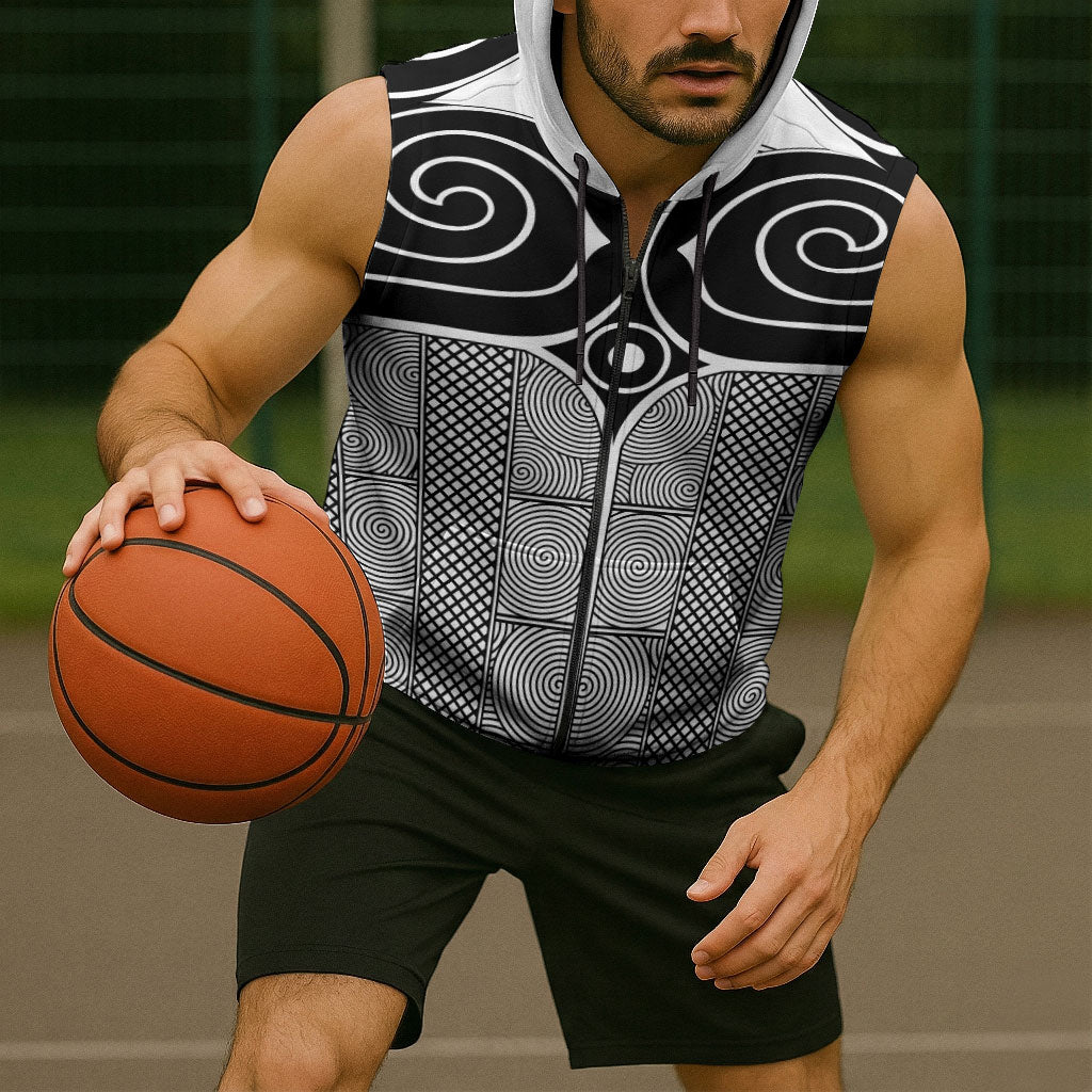 Japan Sleeveless Zip Hoodie Jomon Tattoo Inspiration White