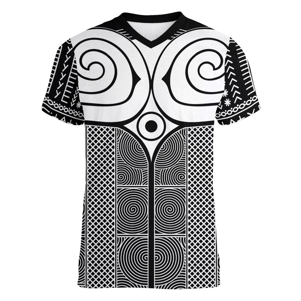 Japan Women V-Neck T-Shirt Jomon Tattoo Inspiration Black