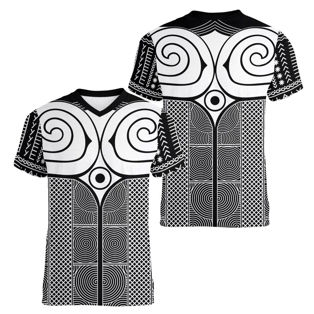 Japan Women V-Neck T-Shirt Jomon Tattoo Inspiration Black