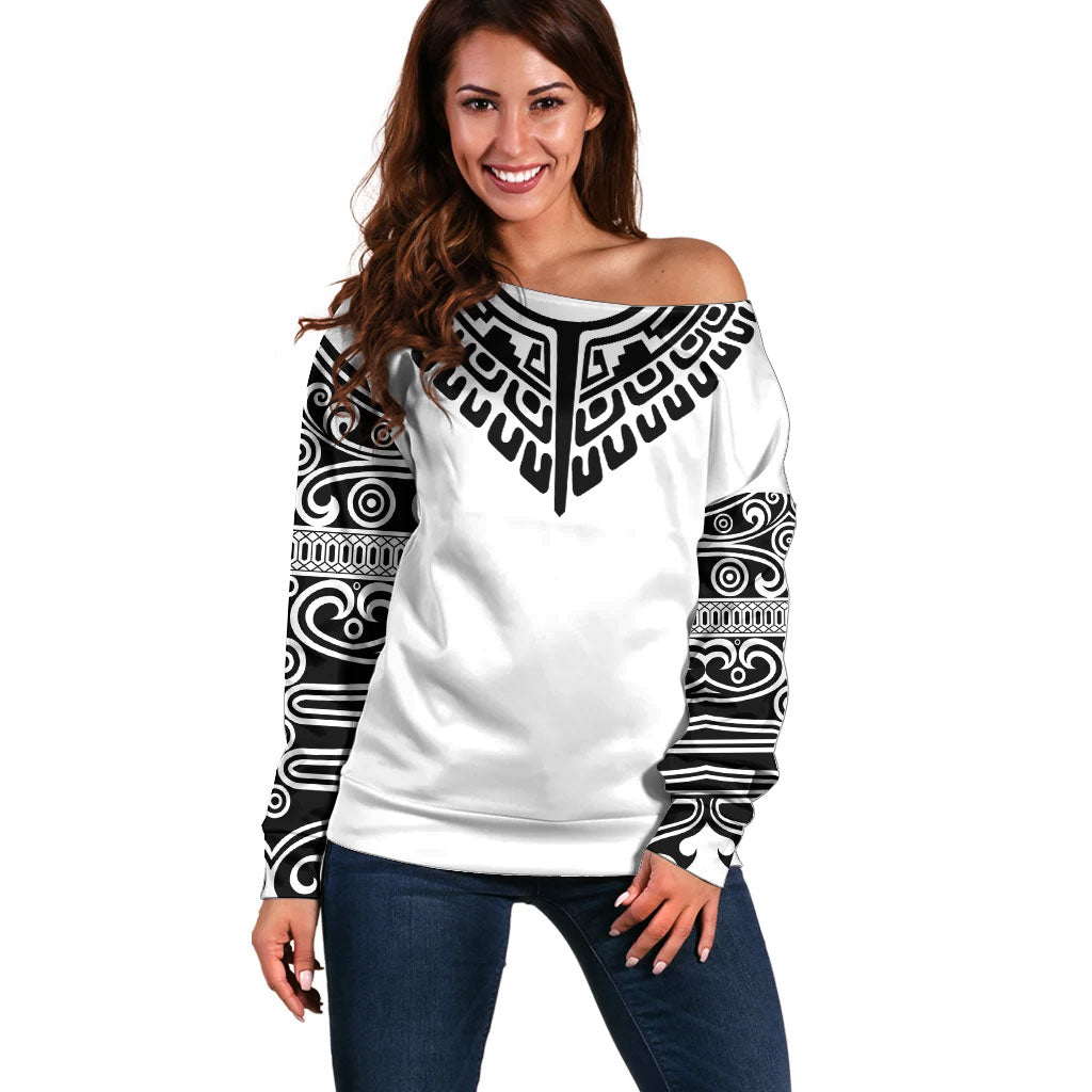 Japan Indigenous Jomon Tattoo Inspiration Off Shoulder Sweater White Version
