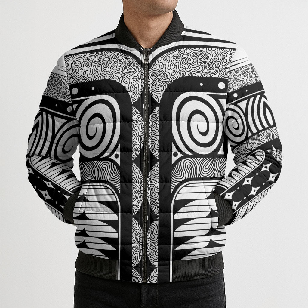 Japanese Indigenous Bomber Puffer Jacket Jomon Tribal Inspired White