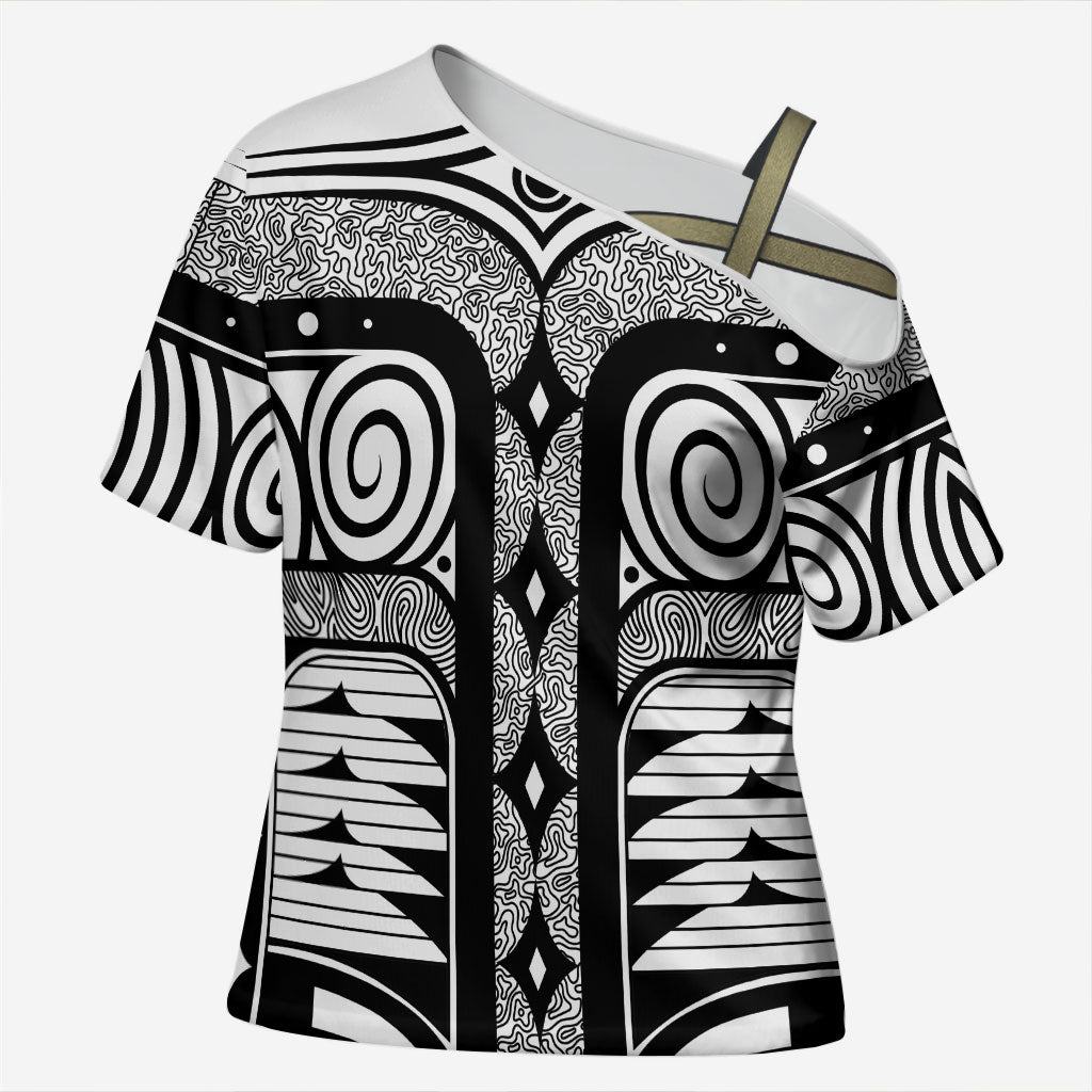 Japanese Indigenous Cross Shoulder Shirt Jomon Tribal Inspired White