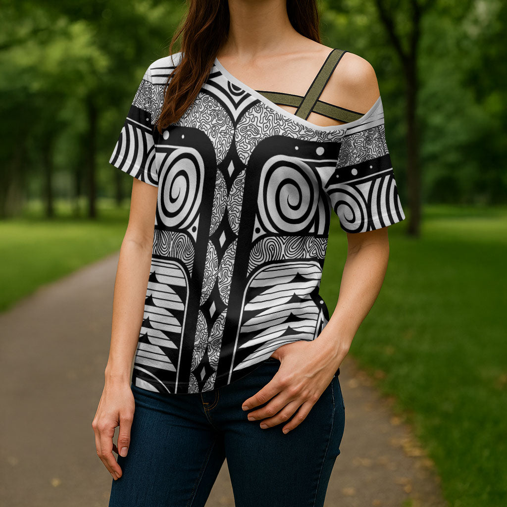 Japanese Indigenous Cross Shoulder Shirt Jomon Tribal Inspired White