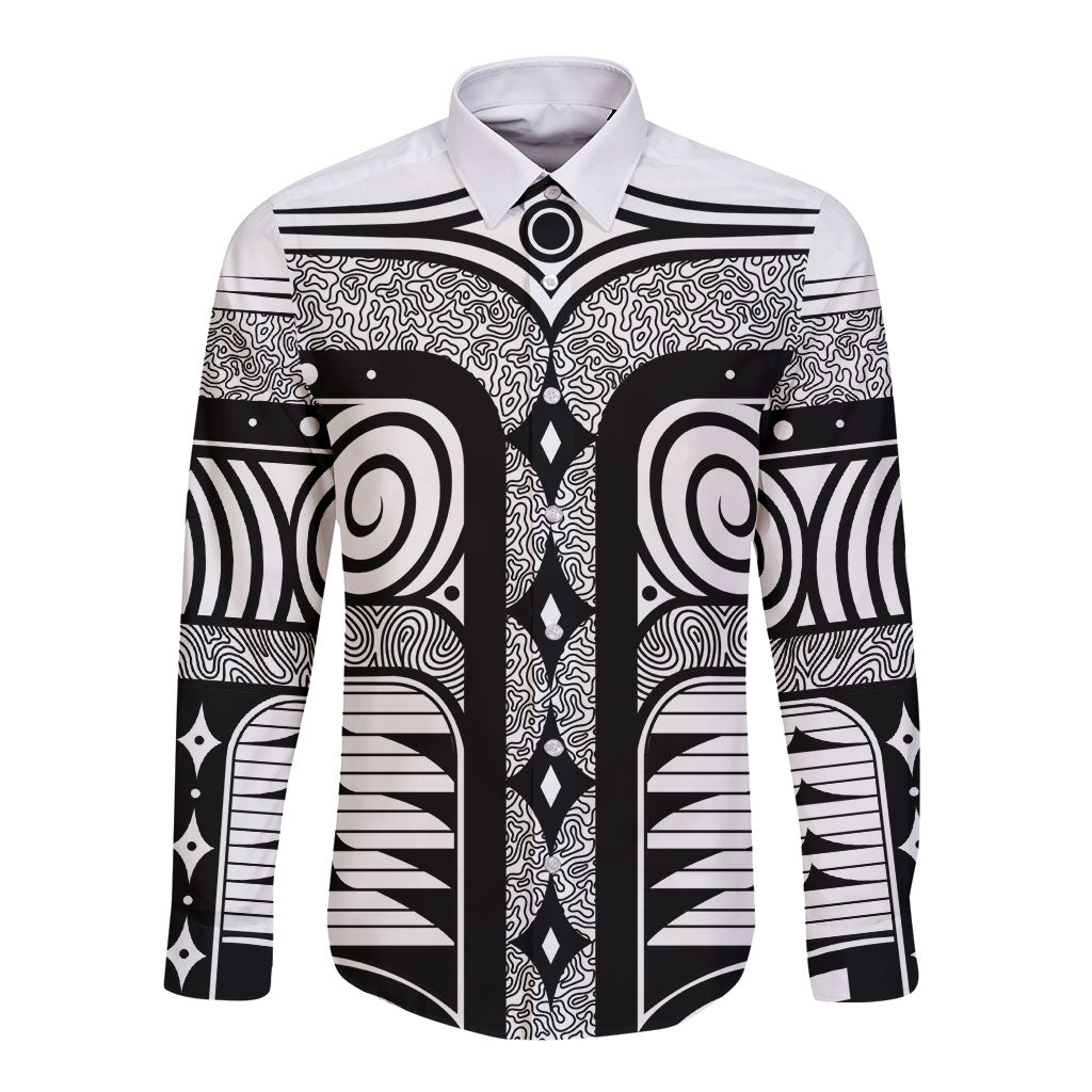 Japanese Indigenous Long Sleeve Button Shirt Jomon Tribal Inspired White