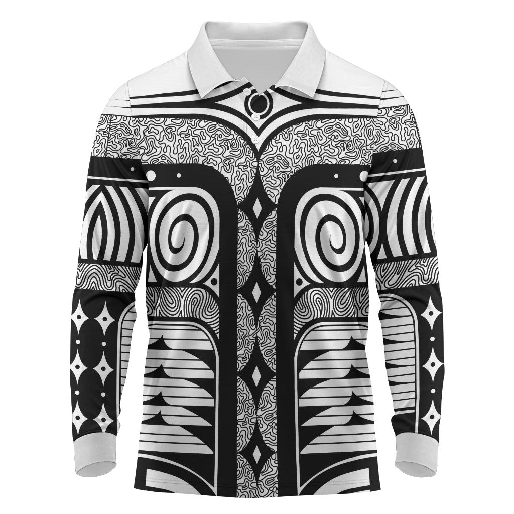 Japanese Indigenous Long Sleeve Polo Shirt Jomon Tribal Inspired White