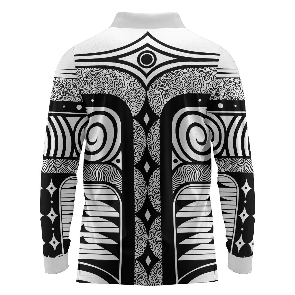Japanese Indigenous Long Sleeve Polo Shirt Jomon Tribal Inspired White