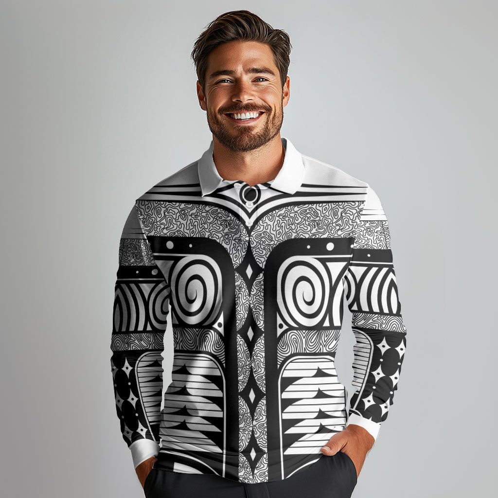 Japanese Indigenous Long Sleeve Polo Shirt Jomon Tribal Inspired White